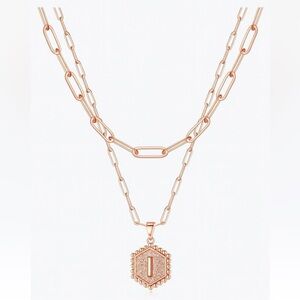 Hexagon Letter Initial (i) Necklaces Women 2 Layered Rose Gold Stackable Jewelry